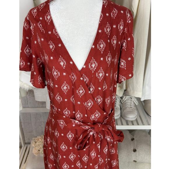 Long Tall Sally Womens Sz 8 Tall  Red Boho Wrap Tie Waist V Neck Maxi Dress 0530 - Picture 6 of 15